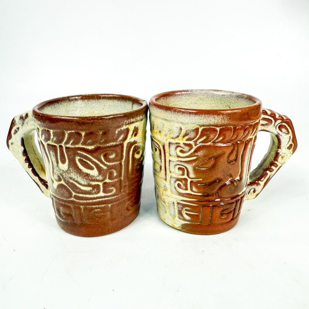 Frankoma Desert Gold Mayan Aztec Design Coffee Mugs Set Of 2 Stoneware 7CL